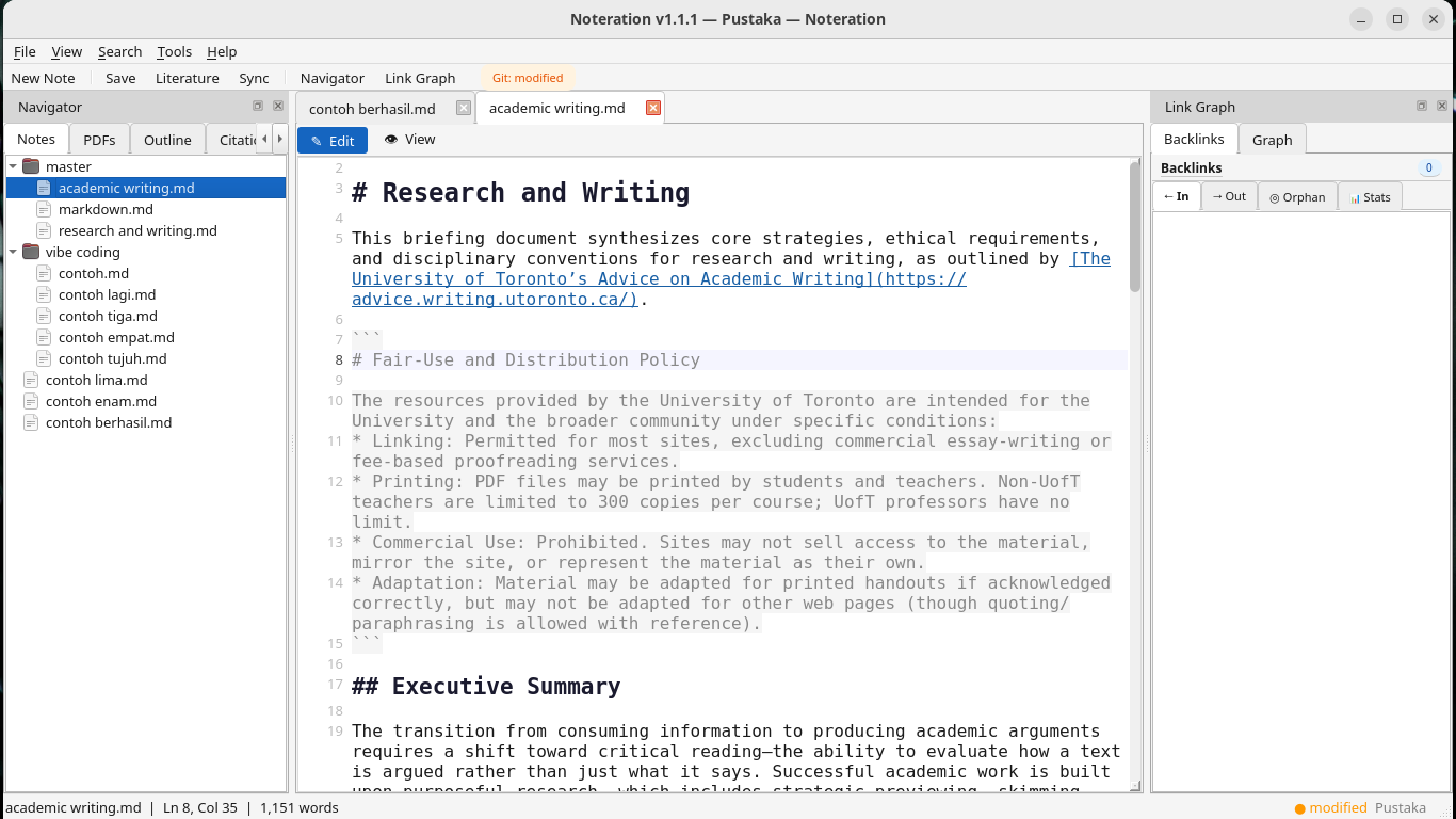 Noteration main editor — Markdown editing with sidebar, wiki-links, citations, and backlink panel
