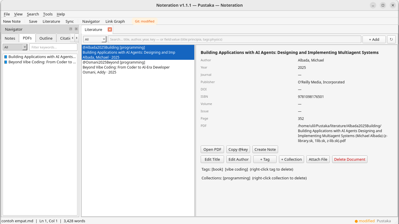 Literature tab — Papis library browser with metadata, tags, and BibTeX export